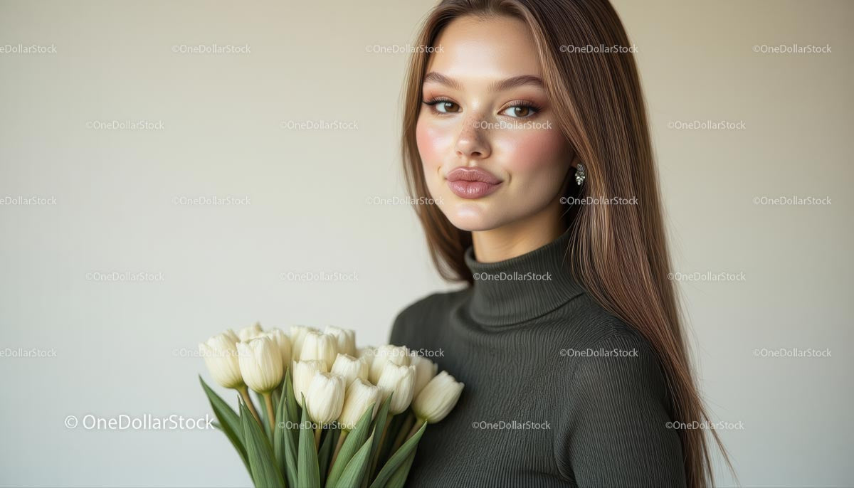 Elegancka kobieta trzymająca bukiet białych tulipanów w pomieszczeniu