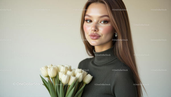 Elegancka kobieta trzymająca bukiet białych tulipanów w pomieszczeniu
