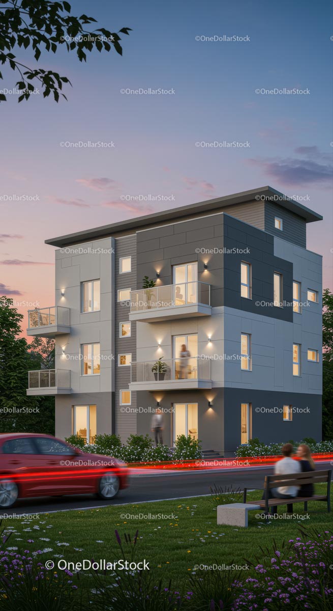 Modern Apartment Building with Twilight Skyline