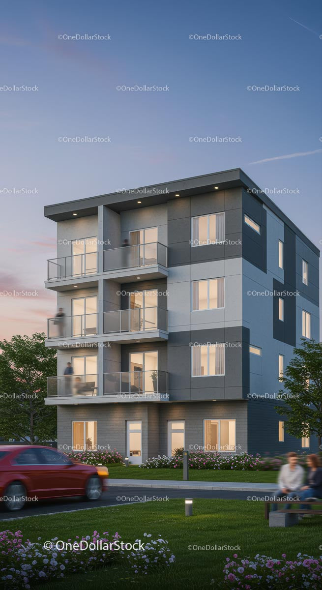 Nowoczesny budynek apartamentowy o zachodzie słońca