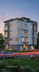 Modern Residential Building at Twilight with Street View