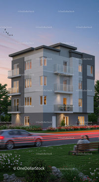 Modern Residential Building at Twilight with Street View