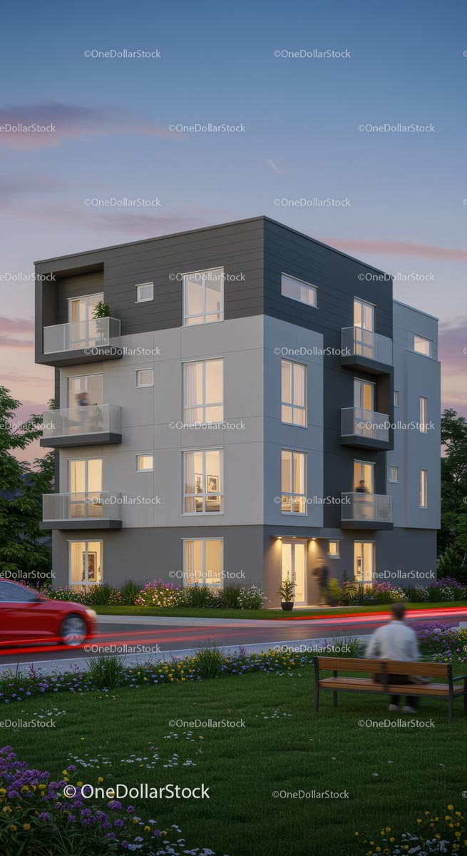 Nowoczesny budynek apartamentowy z wieczornym oświetleniem