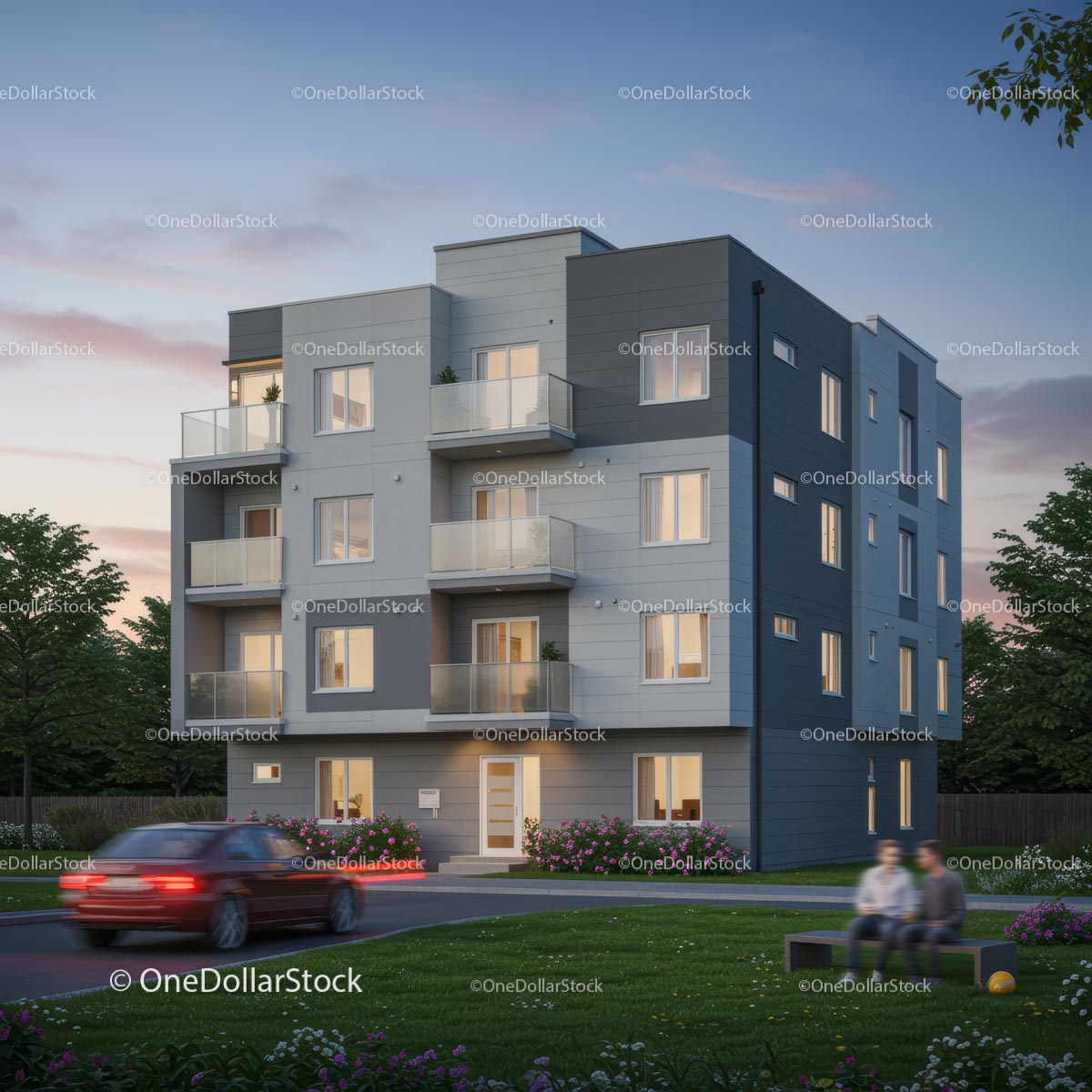 Modern Apartment Building at Sunset with Urban Landscape