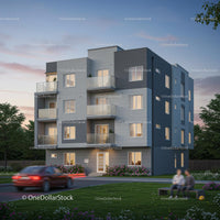 Modern Apartment Building at Sunset with Urban Landscape