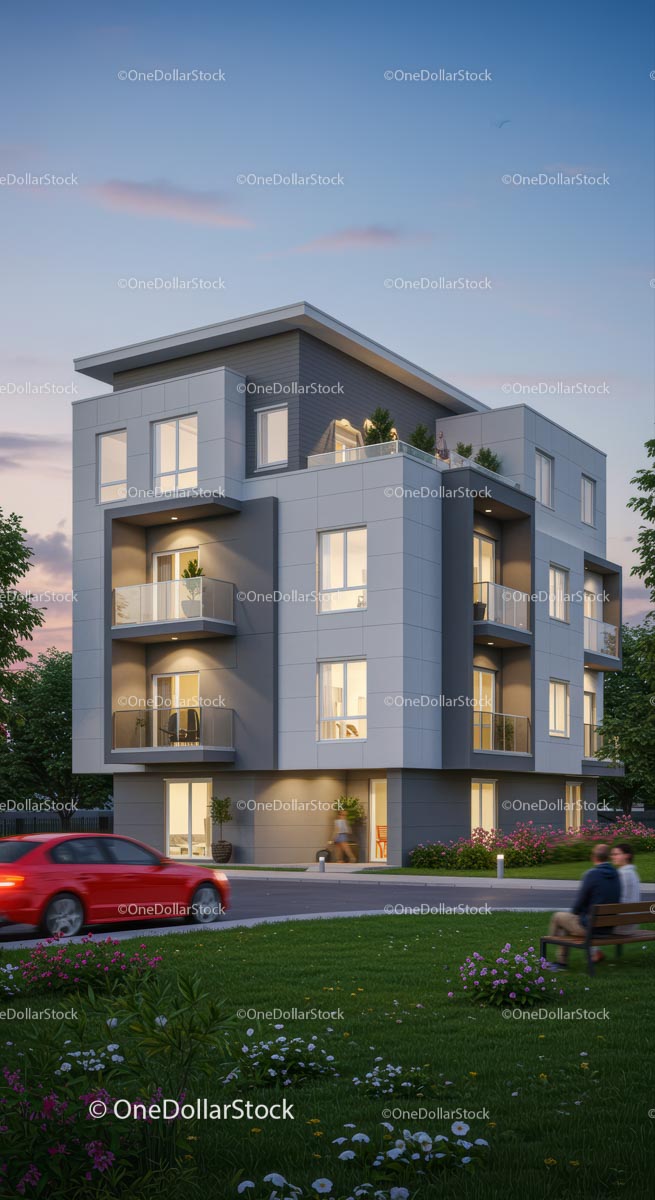 Nowoczesny budynek apartamentowy z wieczornym miejskim klimatem