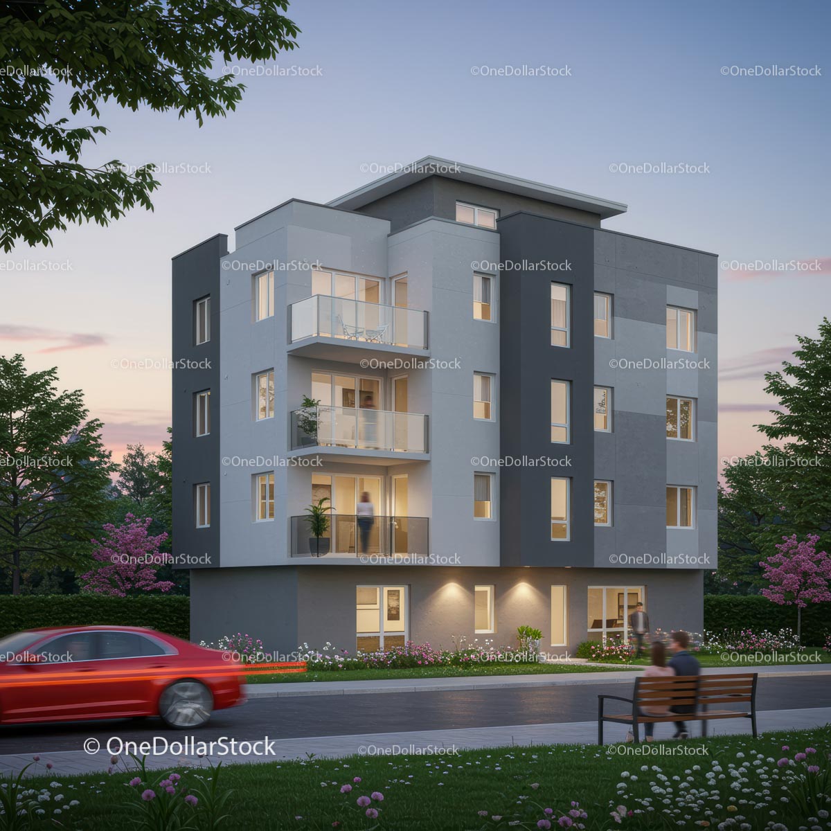 Nowoczesny budynek apartamentowy o zmierzchu z czerwonym samochodem