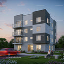 Modern Residential Building at Dusk with Lush Greenery