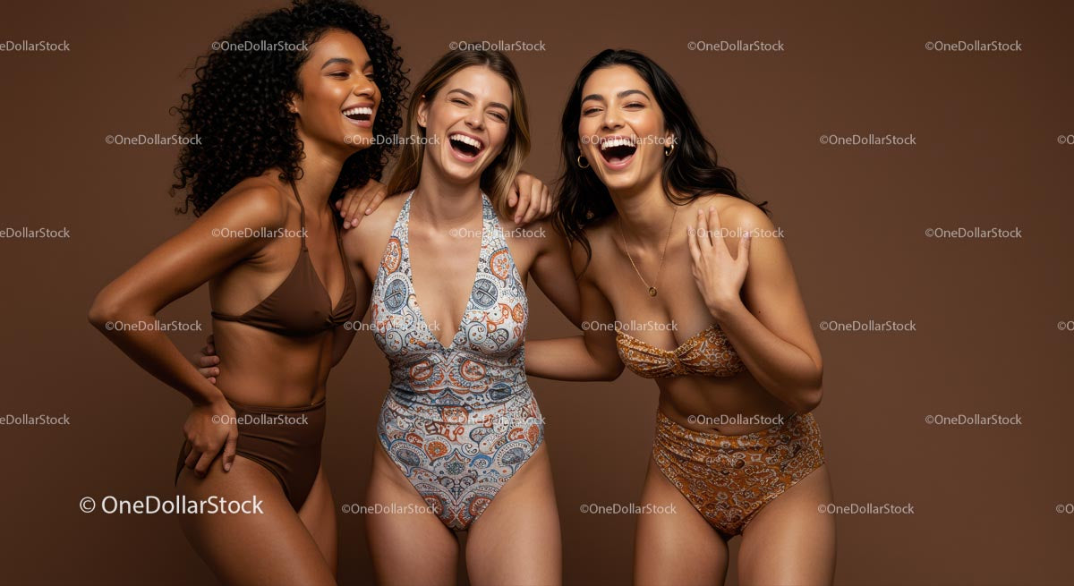 Three Women Laughing in Stylish Swimwear
