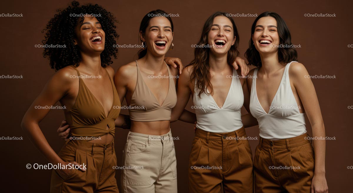 Four Women Smiling Together Against Brown Background