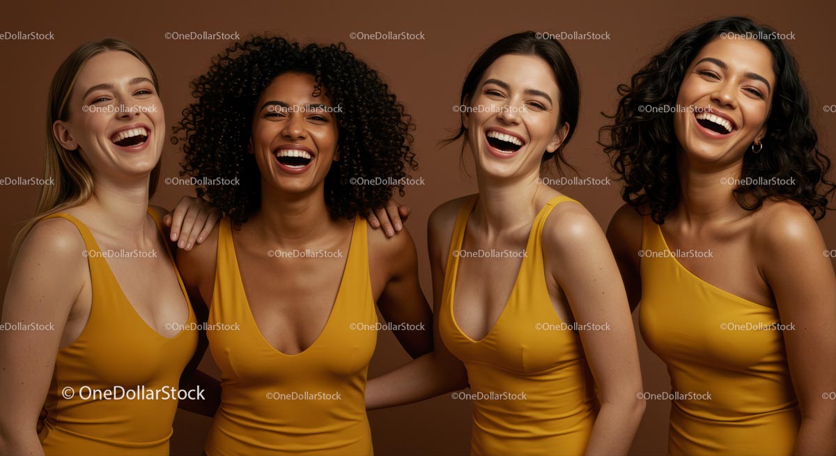 Joyful Group of Women Laughing in Yellow Dresses