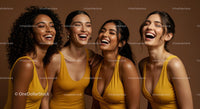 Joyful Group of Women in Yellow Dresses Laughing Together