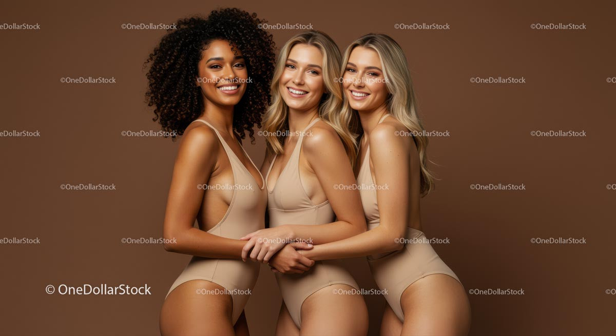 Smiling Women in Beige Swimsuits Embracing Joyfully