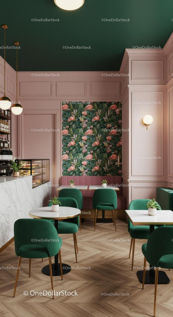 Chic Pink and Green Café with Tropical Flamingo Wallpaper