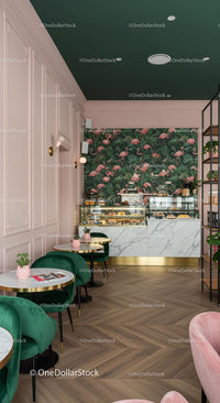 Chic Cafe with Flamingo Wallpaper and Velvet Seating