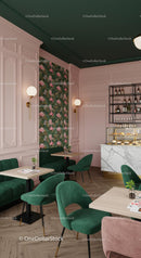 Elegant Cafe with Green Velvet and Floral Decor