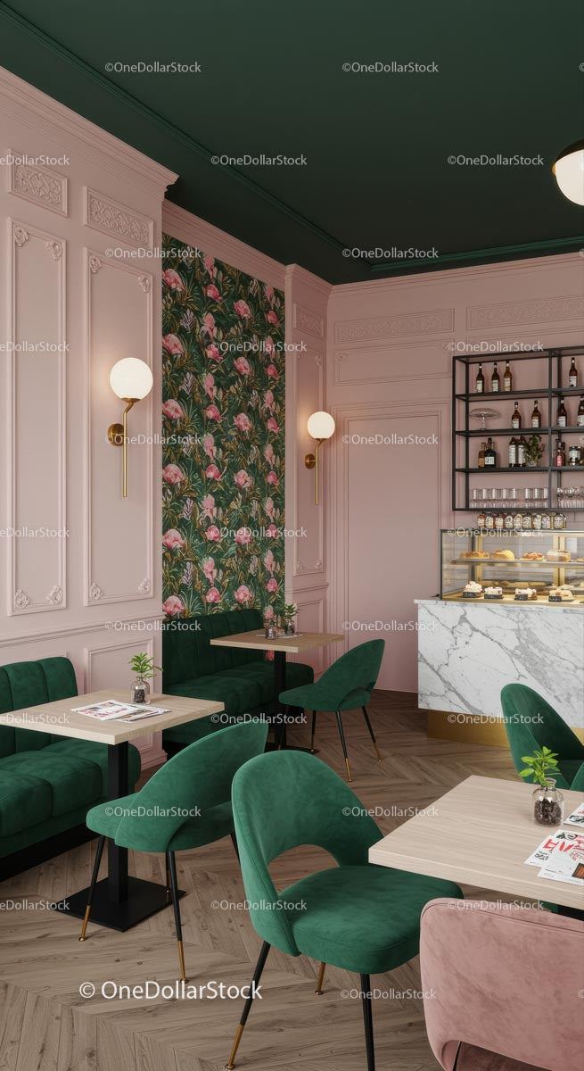 Elegant Cafe with Green Velvet and Floral Decor