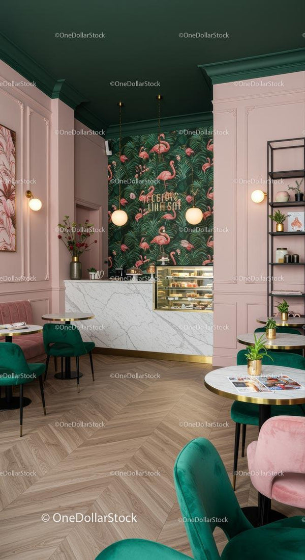 Chic Cafe with Flamingo Wallpaper and Marble Counter