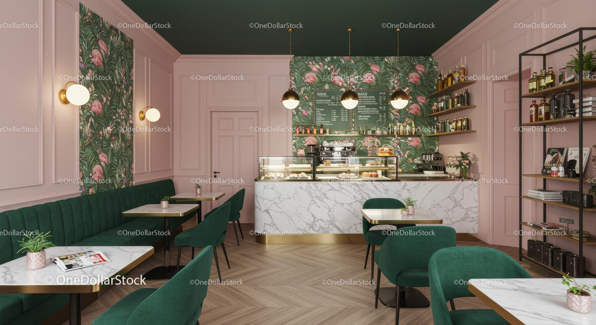 Stylish Cafe with Pink and Green Floral Decor