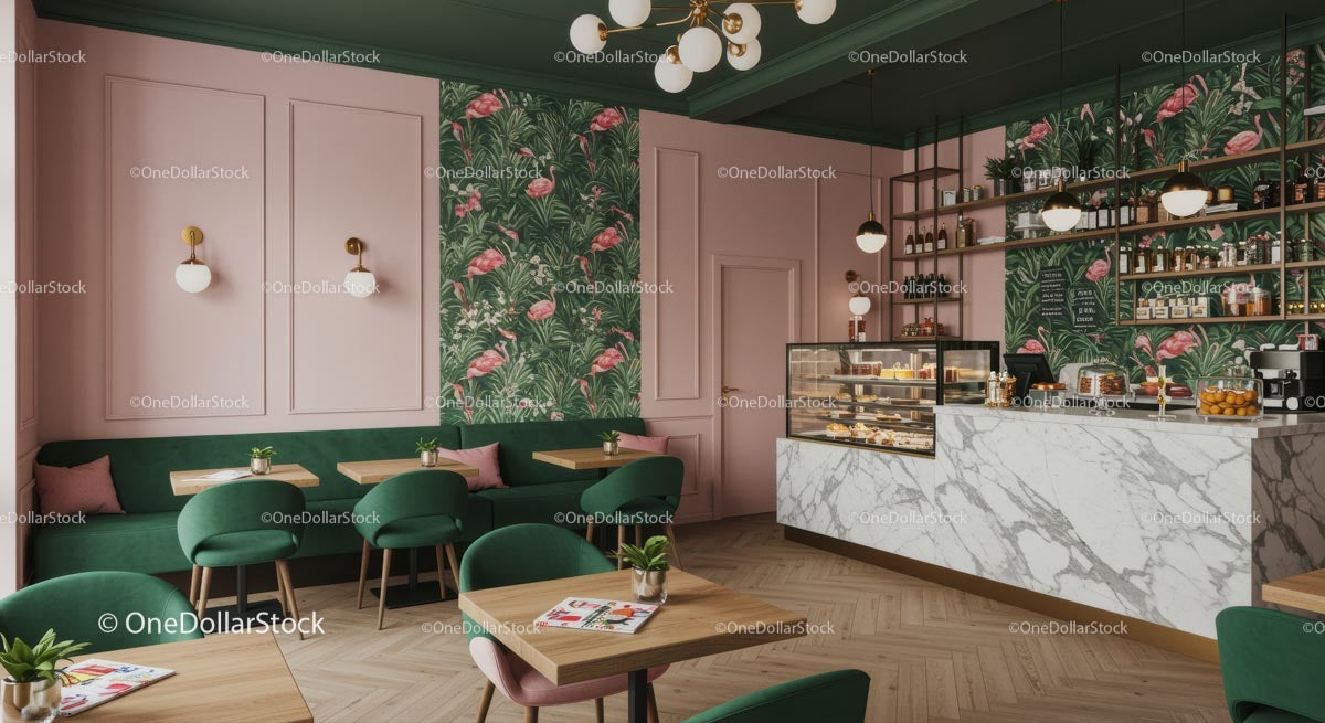 Sophisticated Café Interior with Tropical Decor and Marble Counter