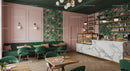 Sophisticated Café Interior with Tropical Decor and Marble Counter