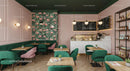 Chic Cafe with Flamingo Decor and Green Velvet Chairs