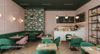 Chic Cafe with Flamingo Decor and Green Velvet Chairs