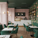 Chic Cafe Interior with Pink and Green Modern Decor