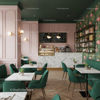 Chic Cafe Interior with Pink and Green Modern Decor