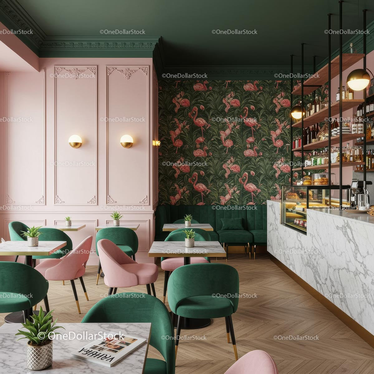 Modern Cafe with Pink Flamingo Wallpaper and Green Chairs
