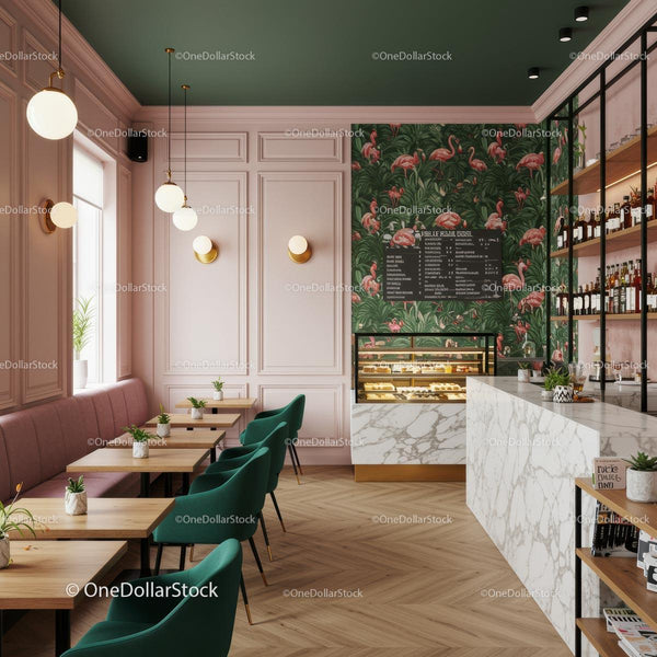 Chic Modern Cafe with Flamingo Wallpaper and Marble Countertop