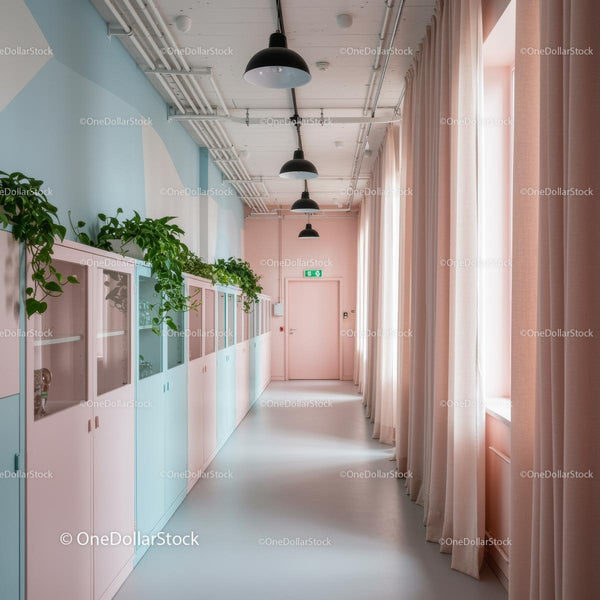 Modern Pastel Corridor with Indoor Plants and Natural Light