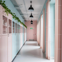 Minimalist Hallway with Pastel Colors and Greenery