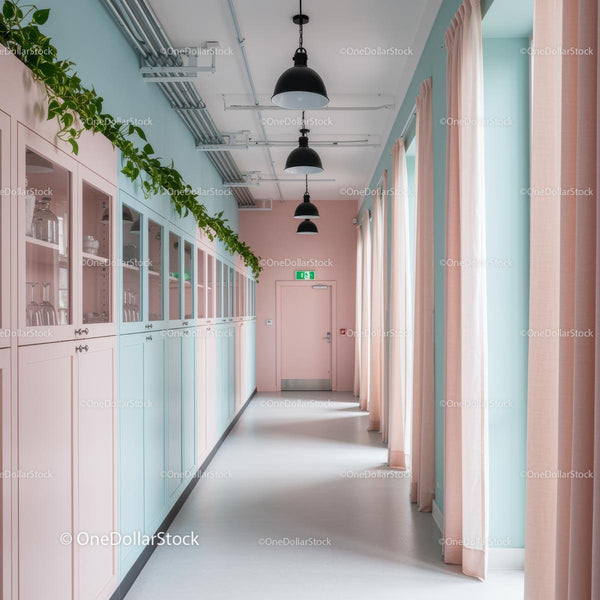 Minimalist Hallway with Pastel Colors and Greenery