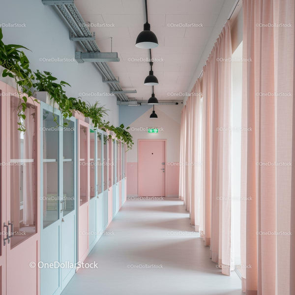 Bright Modern Corridor with Indoor Plants and Pastel Colors