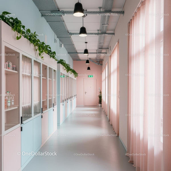 Modern Office Hallway with Pink Accents and Green Plants