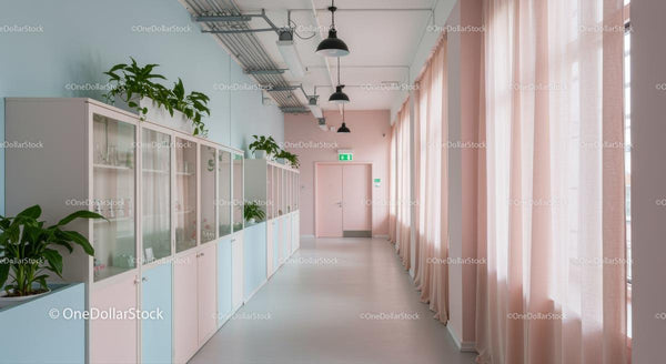 Pastel Colored Hallway with Indoor Plants and Windows