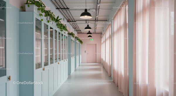 Bright Modern Hallway with Indoor Greenery and Pastel Decor