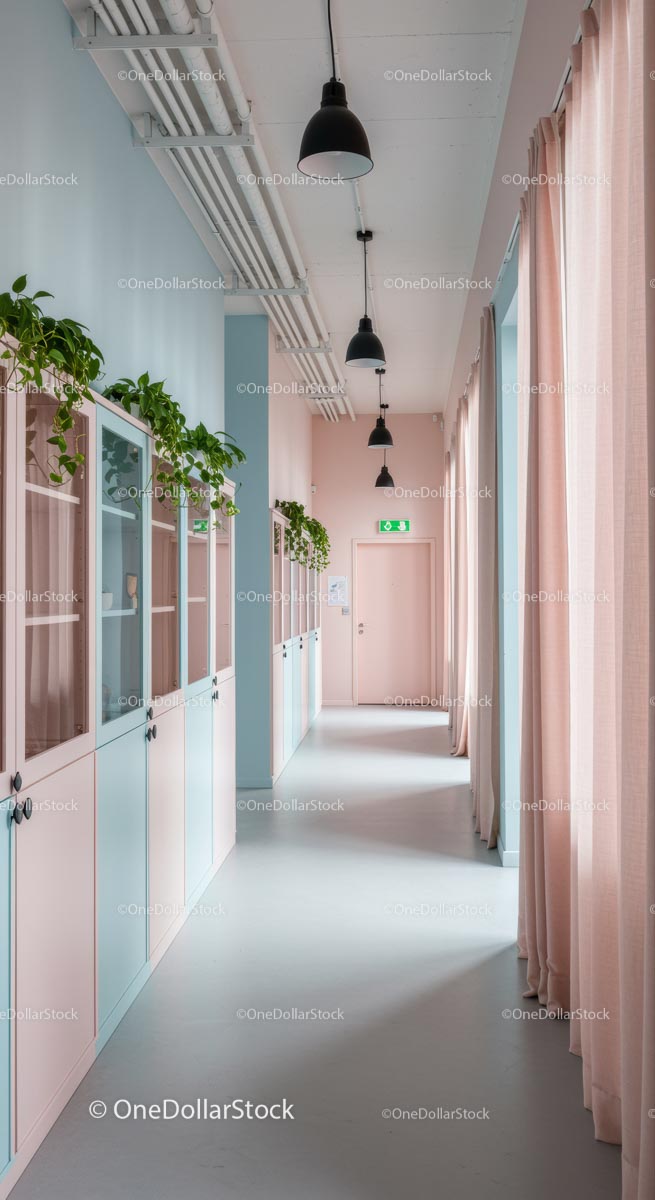 Pastelowy korytarz z nowoczesnym minimalistycznym designem