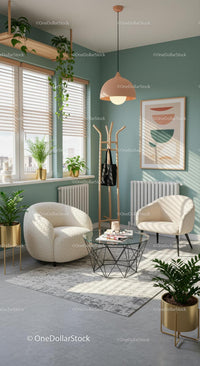 Modern Living Room with Green Walls and Cozy Decor