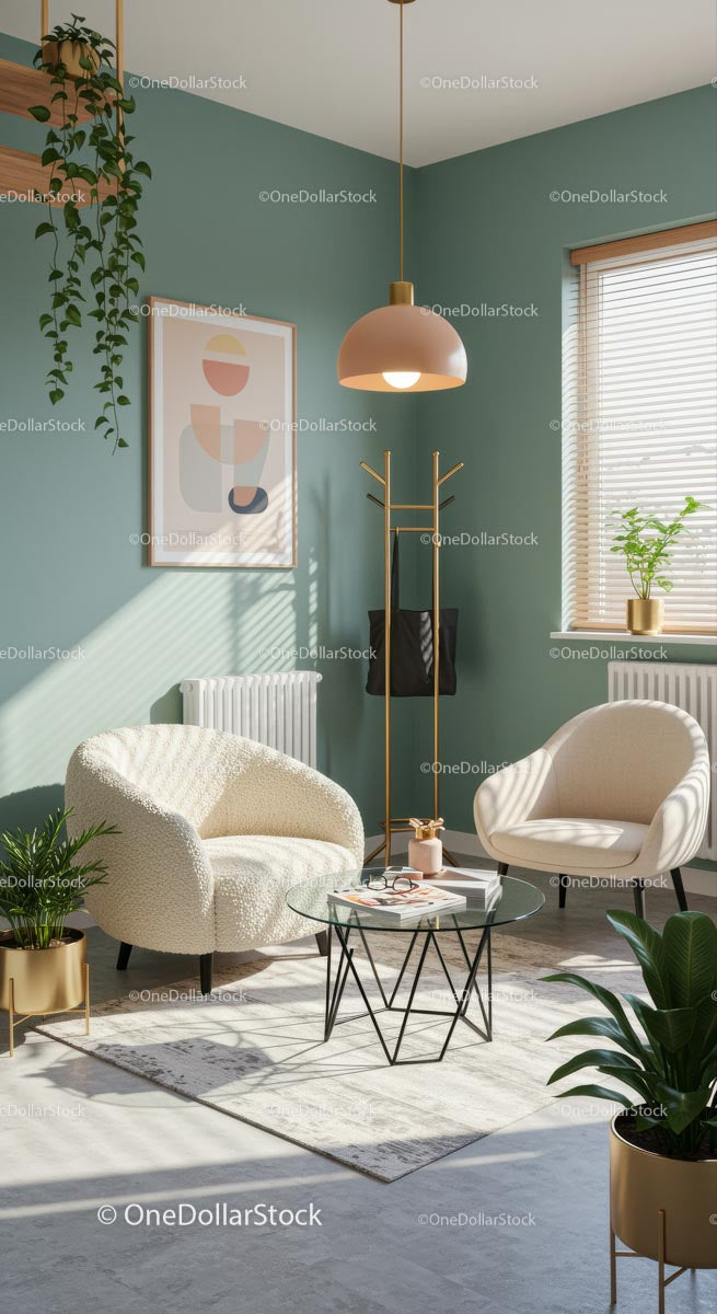 Stylowy nowoczesny salon z wygodnymi fotelami i roślinami doniczkowymi