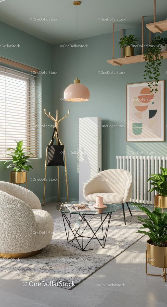 Nowoczesny minimalistyczny salon z roślinami doniczkowymi i pastelowymi odcieniami