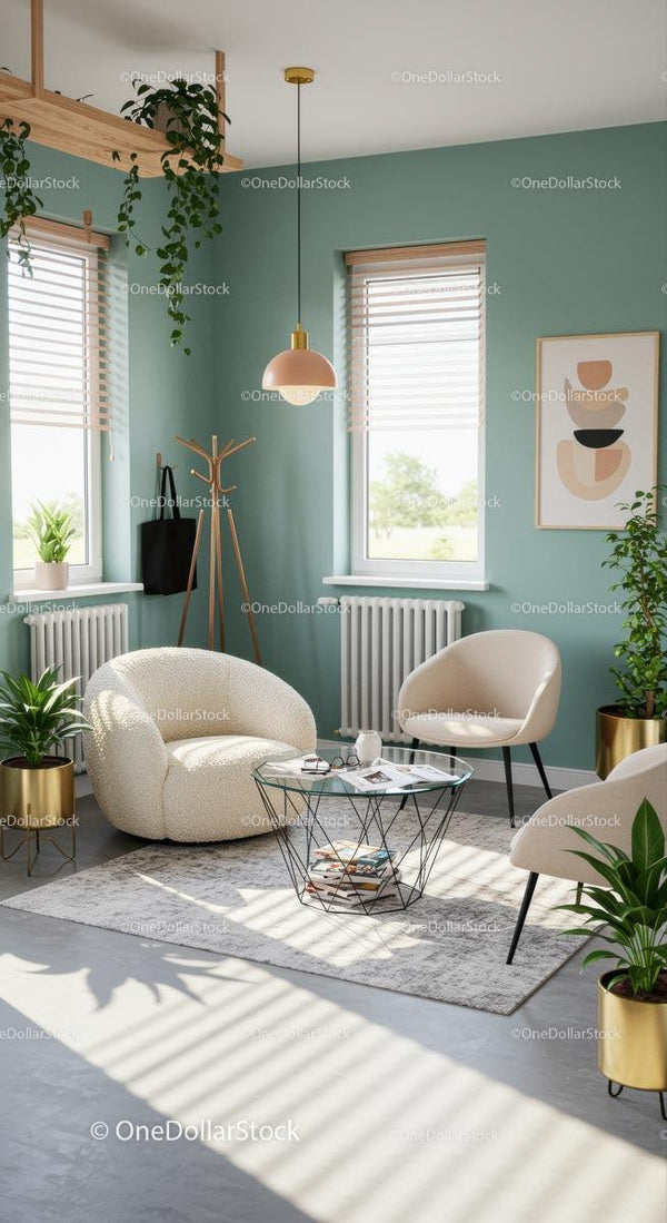 Przytulny skandynawski salon z roślinami doniczkowymi