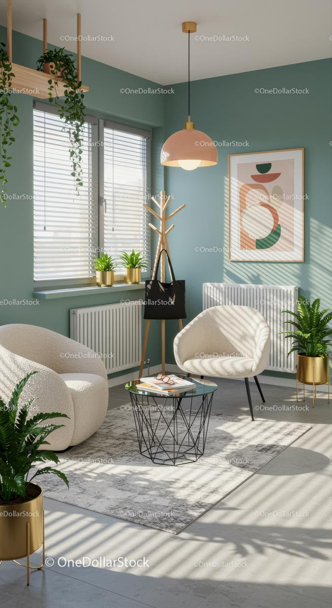 Modern Living Room with Houseplants and Cozy Seating
