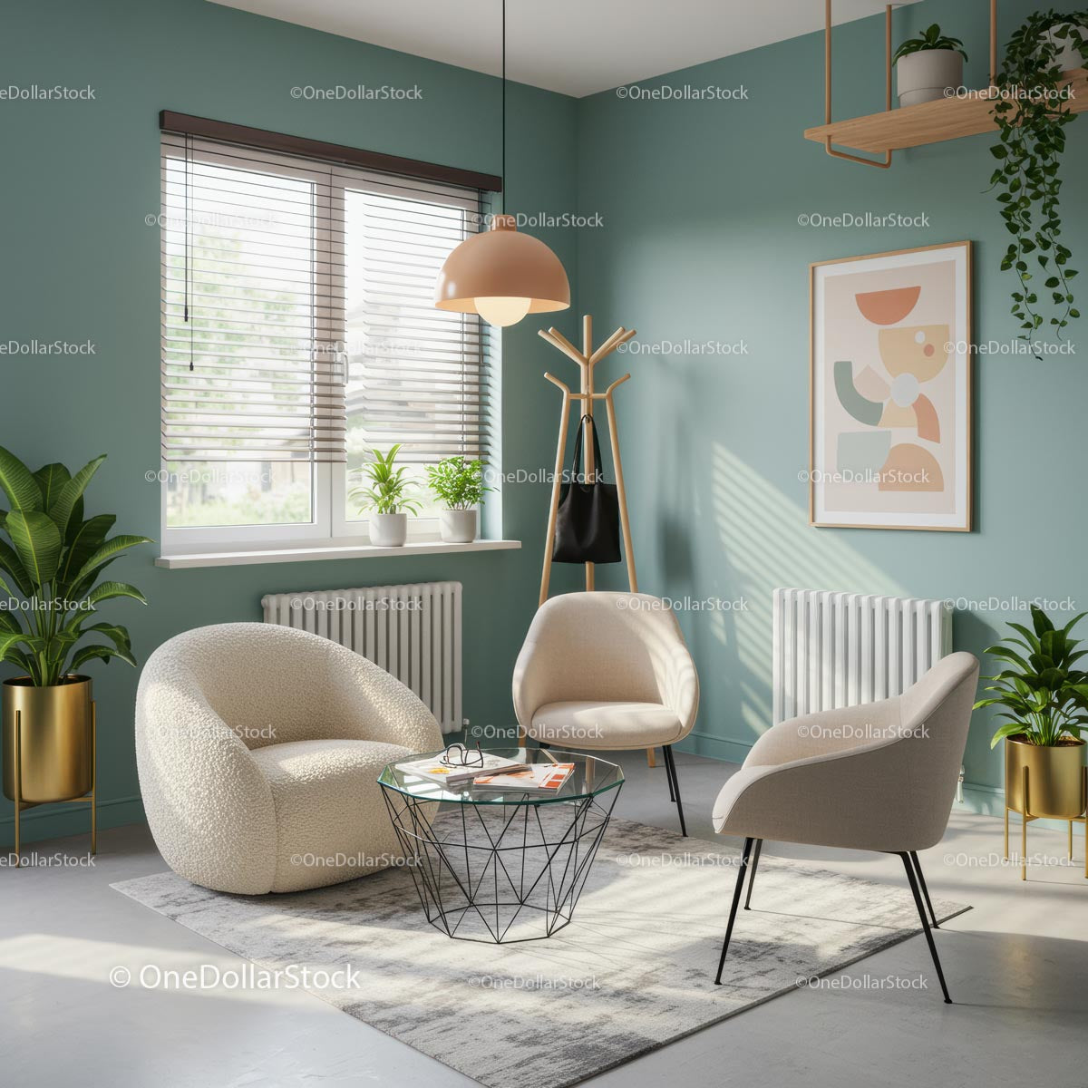 Nowoczesny salon z minimalistycznym designem i roślinami doniczkowymi