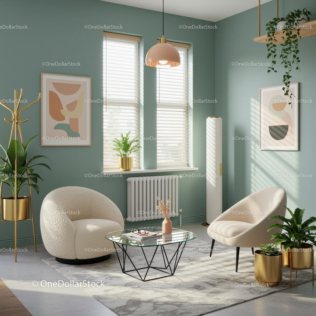 Nowoczesny salon z roślinami doniczkowymi i minimalistycznym designem