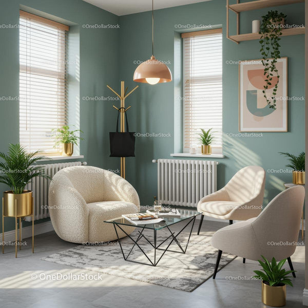 Contemporary Living Room with Green Walls and Indoor Plants