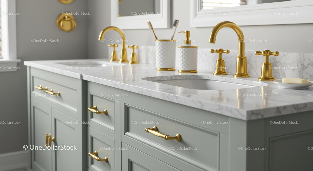 Luxurious Bathroom with Gold Accents and Marble Countertop