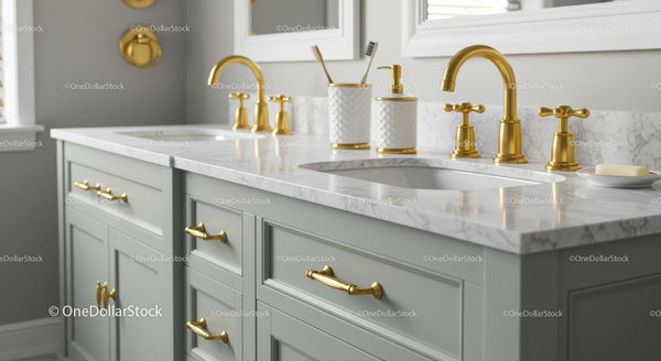 Luxurious Bathroom with Gold Accents and Marble Countertop