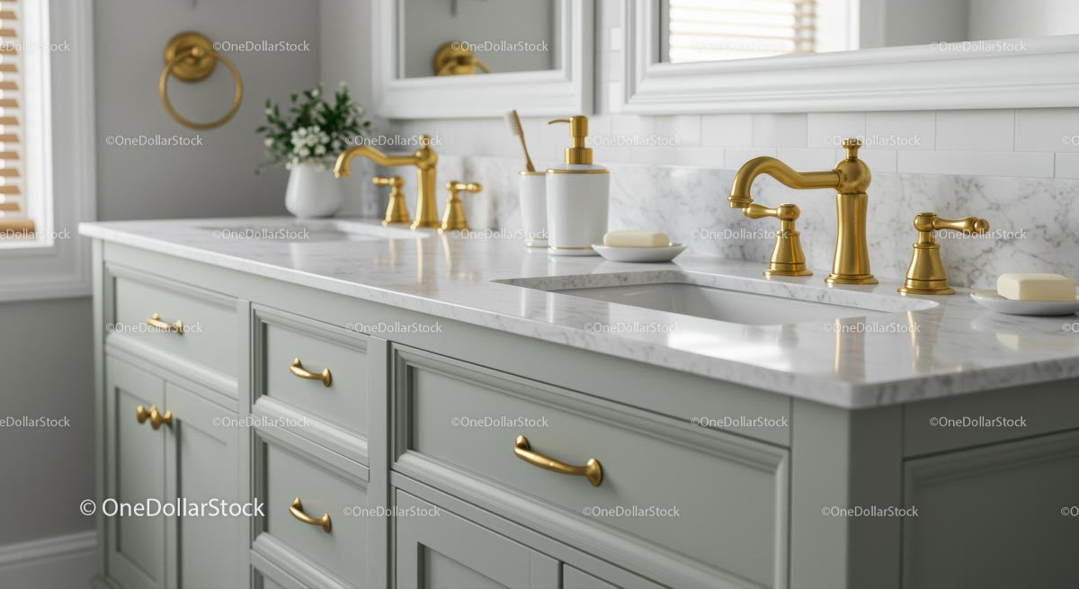 Elegant Bathroom with Gold Faucets and Marble Countertop